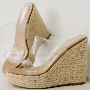 Soda Clear Strap Tan Platform Wedges